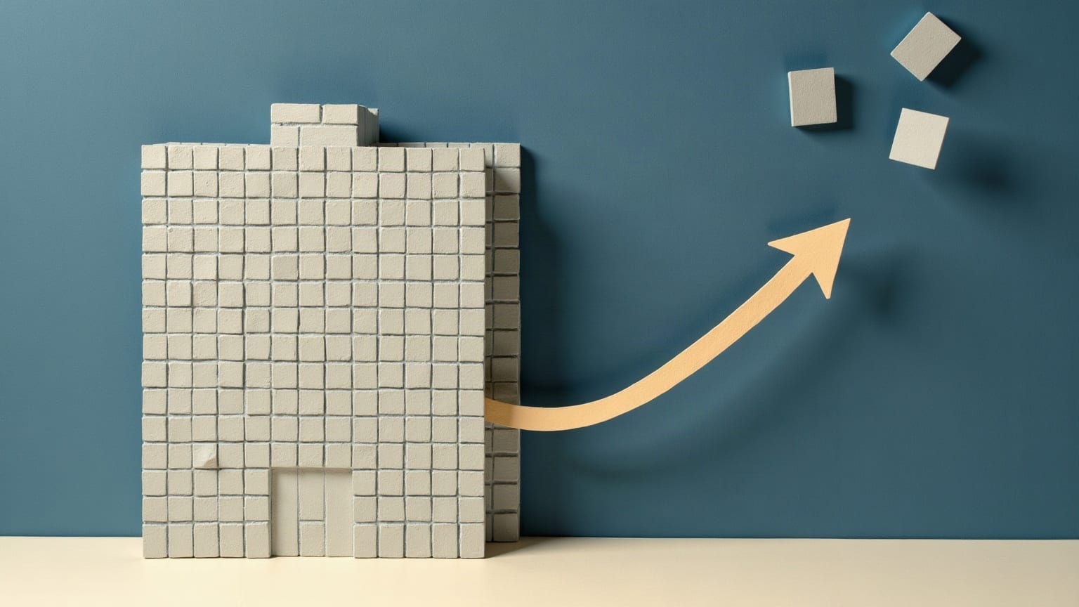 A paper building facade cut into tiles, a few of them floating free