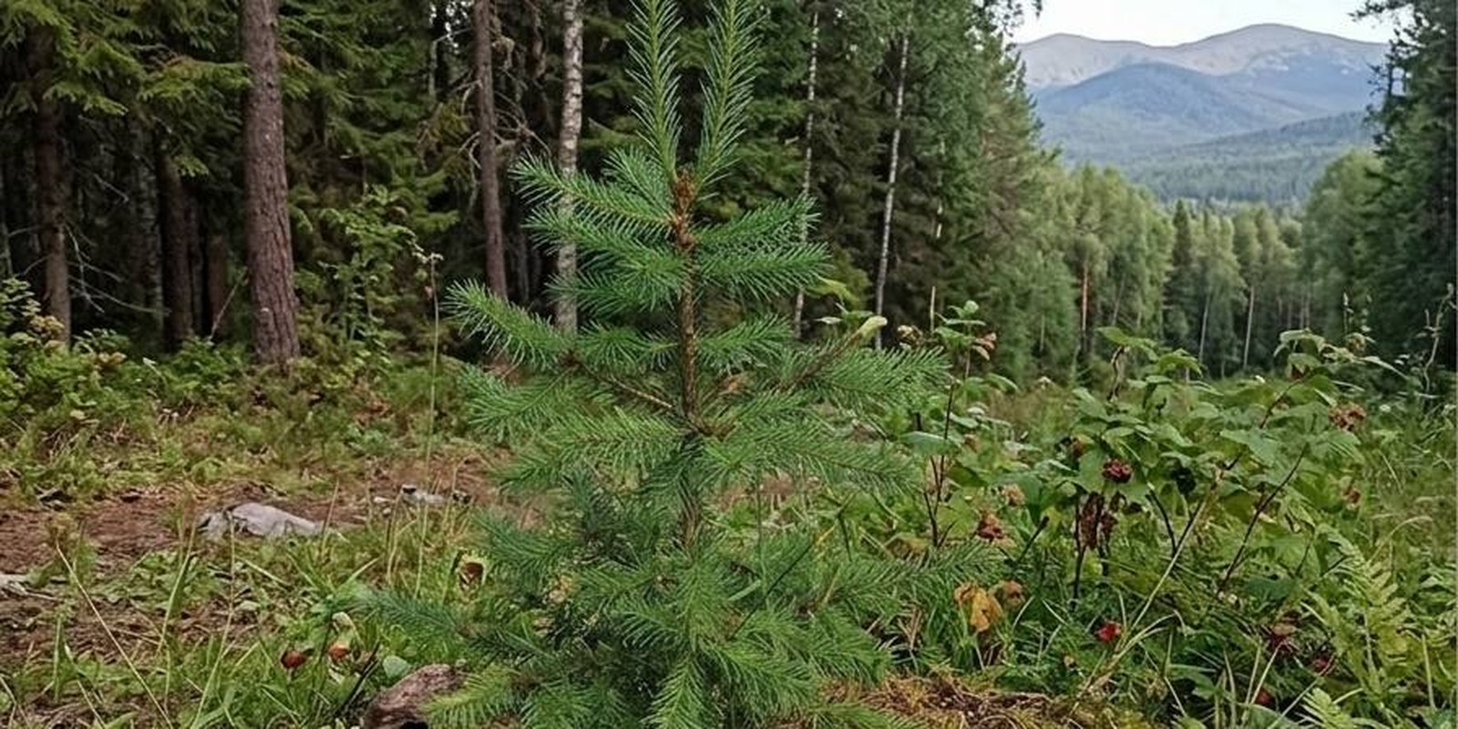 A young conifer sapling planted in a forest clearing in the Urals, mountains in the background.
