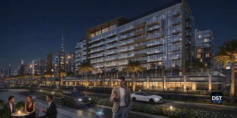 Illustration of the Azizi Riviera promenade at night: lit low-rise blocks along a canal, palms and walkways at the water's edge.